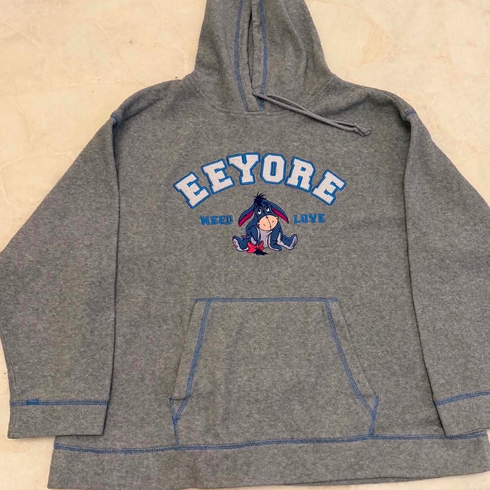 Disney Eeyore Need Love Gray Fleece Hoodie Sweatshirt XL Blue Contrast Stitch